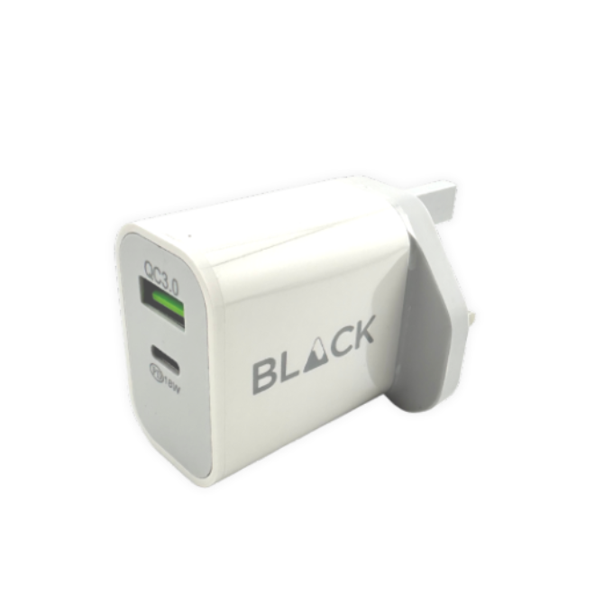 BLACK Power W 2 in 1 Fast Charging Brick 18W with USB A and C, 1Yr warranty BLACK Power W 2 in 1 Fast Charging Brick 18W with USB A and C, 1Yr warranty